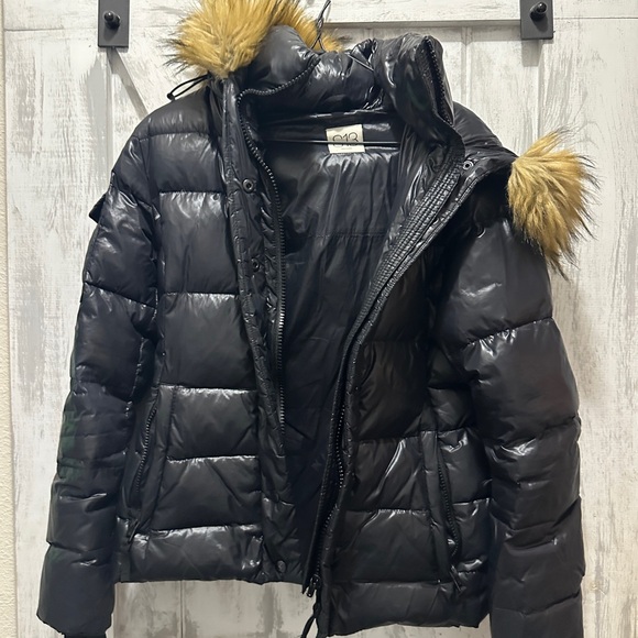 Women's Black Bomber Jacket with Faux Fur Hood - Picture 1 of 7